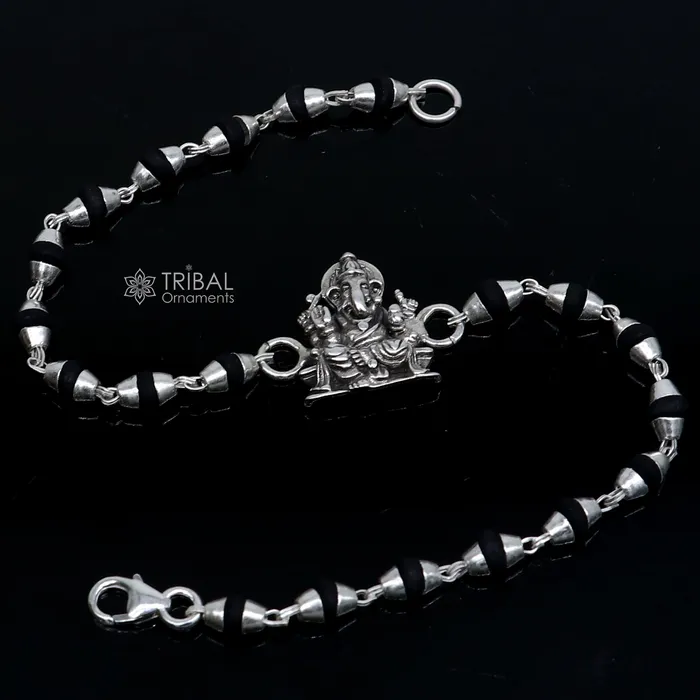 Bracelets TRIBAL ORNAMENTS 925 sterling silver handmad Lord Ganesha design holy basil rosary beads Rakhi bracelet black Tulsi beaded bracelet rk399