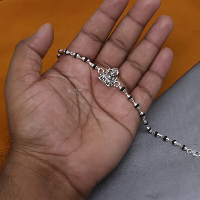 Bracelets TRIBAL ORNAMENTS 925 sterling silver handmad Lord Ganesha design holy basil rosary beads Rakhi bracelet black Tulsi beaded bracelet rk399