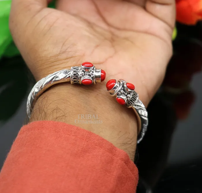 Bracelets TRIBAL ORNAMENTS Designer 925 sterling silver handmade gorgeous red stone antique design bangle bracelet kada fabulous wrist jewelry tribal jewelry nsk103