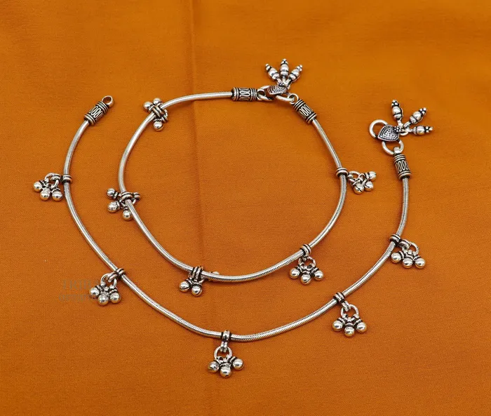 Bracelets TRIBAL ORNAMENTS handmade 925 Sterling silver handmade vintage antique design stylish anklet foot bracelet hanging bells tribal belly dance jewelry ank455