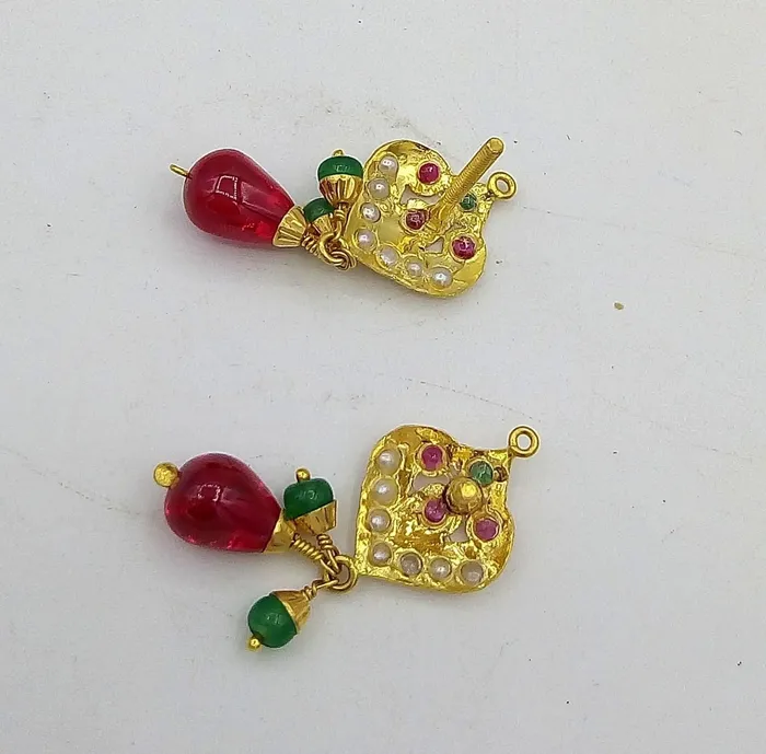 Bridal yellow gold 22k necklace india punjabi design pearl ruby emerald indian bollywood with Earrings TRIBAL ORNAMENTS Necklaces