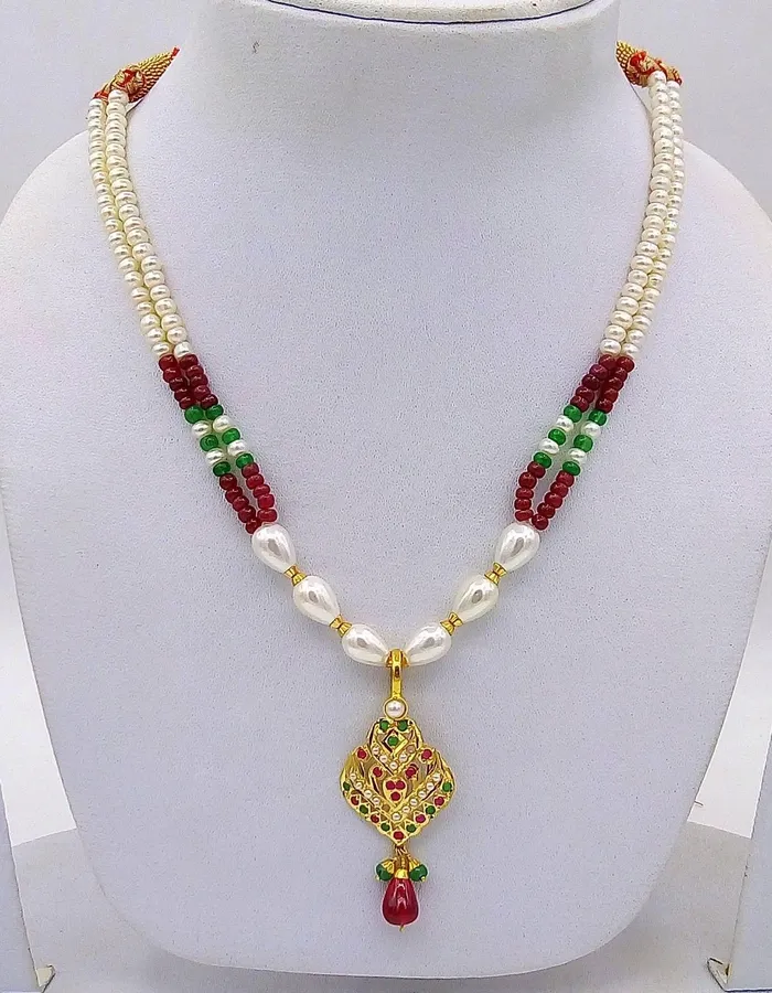 Bridal yellow gold 22k necklace india punjabi design pearl ruby emerald indian bollywood with Earrings TRIBAL ORNAMENTS Necklaces