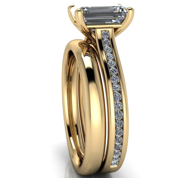Brigitte Emerald Center Stone Diamond Channel 4 Prong Cathedral Ring Fire Brilliance Rings