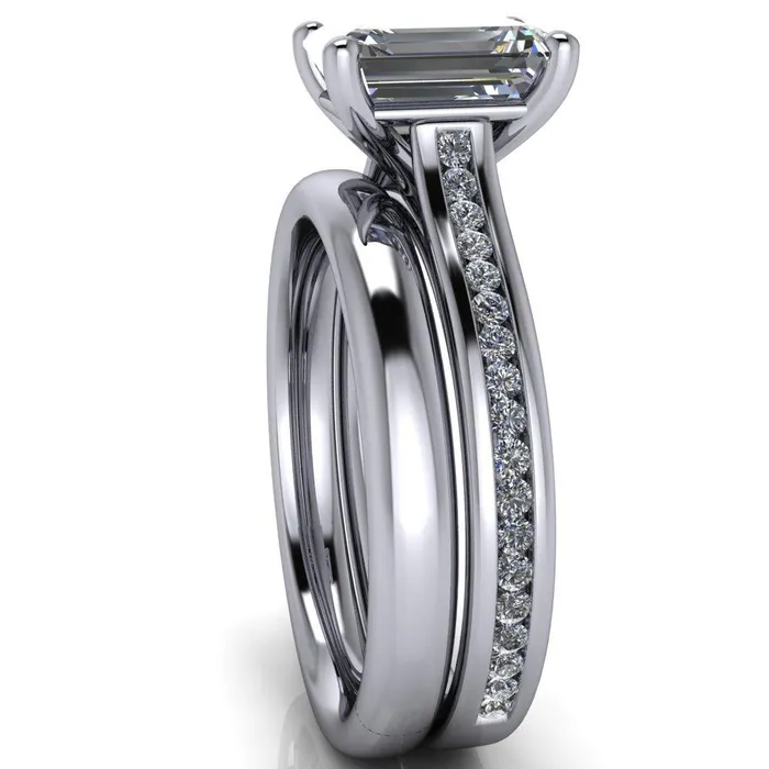 Brigitte Emerald Center Stone Diamond Channel 4 Prong Cathedral Ring Fire Brilliance Rings