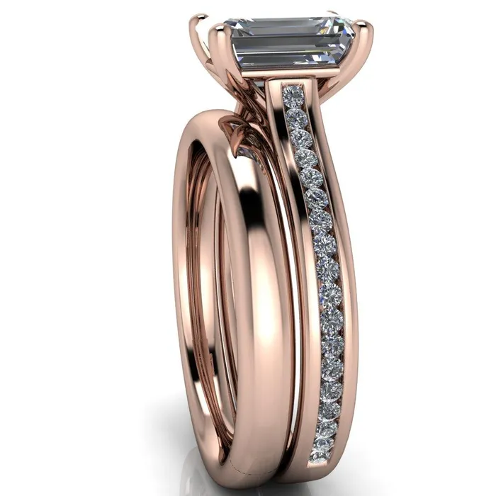 Brigitte Emerald Center Stone Diamond Channel 4 Prong Cathedral Ring Fire Brilliance Rings