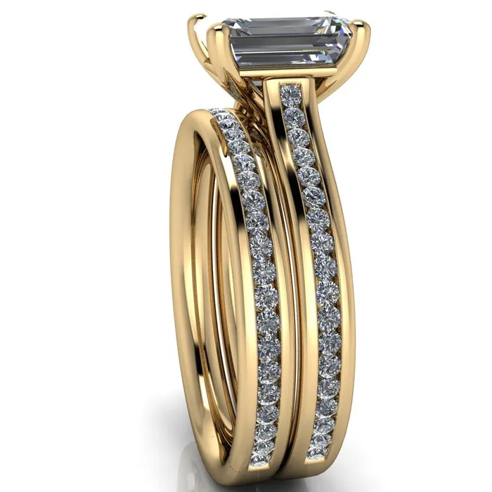 Brigitte Emerald Center Stone Diamond Channel 4 Prong Cathedral Ring Fire Brilliance Rings