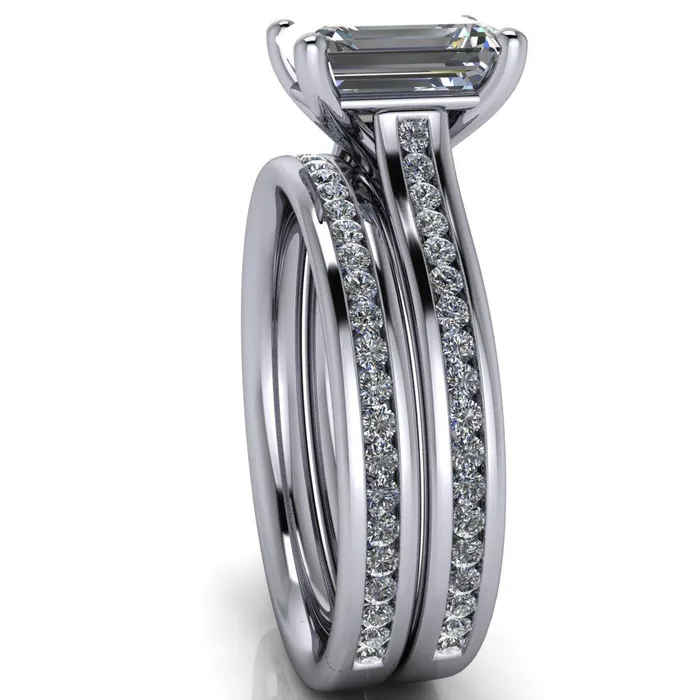 Brigitte Emerald Center Stone Diamond Channel 4 Prong Cathedral Ring Fire Brilliance Rings