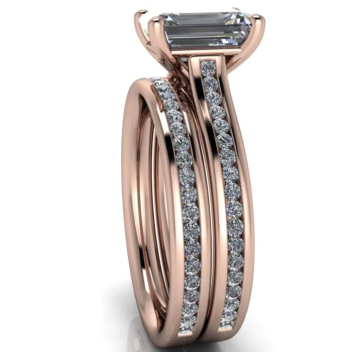 Brigitte Emerald Center Stone Diamond Channel 4 Prong Cathedral Ring Fire Brilliance Rings