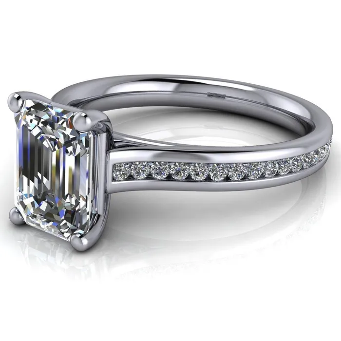 Brigitte Emerald Center Stone Diamond Channel 4 Prong Cathedral Ring Fire Brilliance Rings