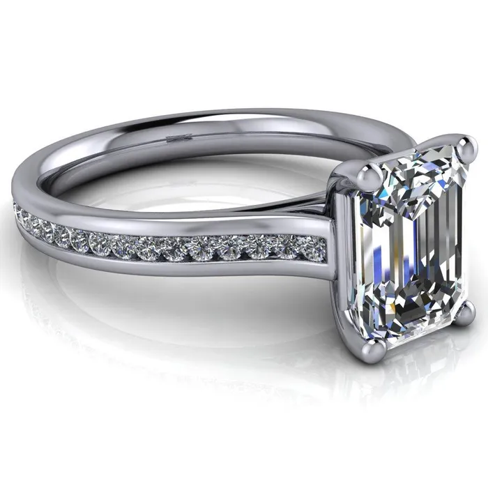 Brigitte Emerald Center Stone Diamond Channel 4 Prong Cathedral Ring Fire Brilliance Rings