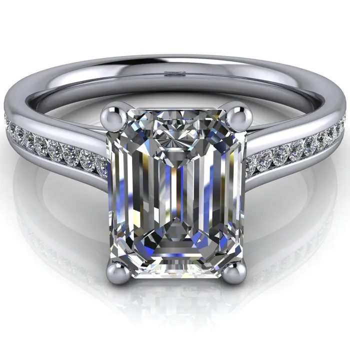 Brigitte Emerald Center Stone Diamond Channel 4 Prong Cathedral Ring Fire Brilliance Rings