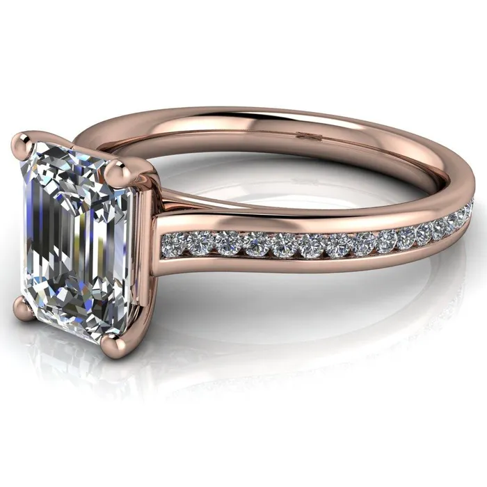 Brigitte Emerald Center Stone Diamond Channel 4 Prong Cathedral Ring Fire Brilliance Rings