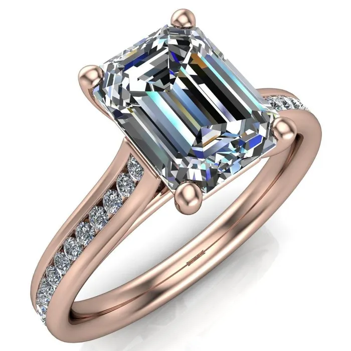 Brigitte Emerald Center Stone Diamond Channel 4 Prong Cathedral Ring Fire Brilliance Rings