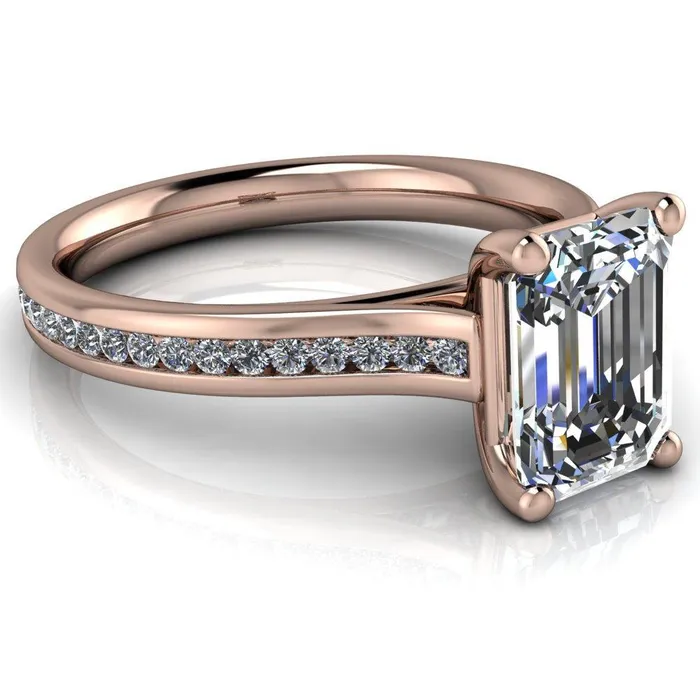 Brigitte Emerald Center Stone Diamond Channel 4 Prong Cathedral Ring Fire Brilliance Rings