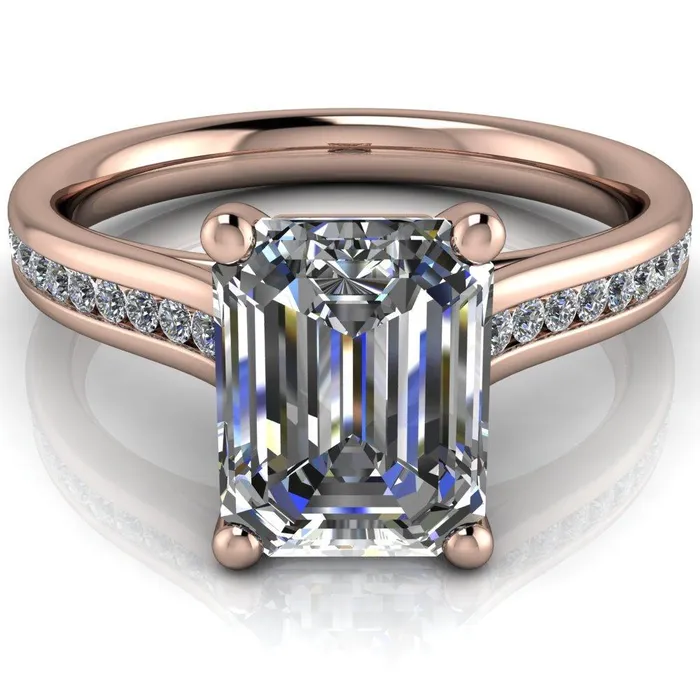 Brigitte Emerald Center Stone Diamond Channel 4 Prong Cathedral Ring Fire Brilliance Rings