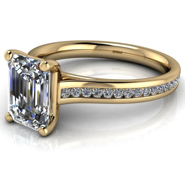 Brigitte Emerald Center Stone Diamond Channel 4 Prong Cathedral Ring Fire Brilliance Rings