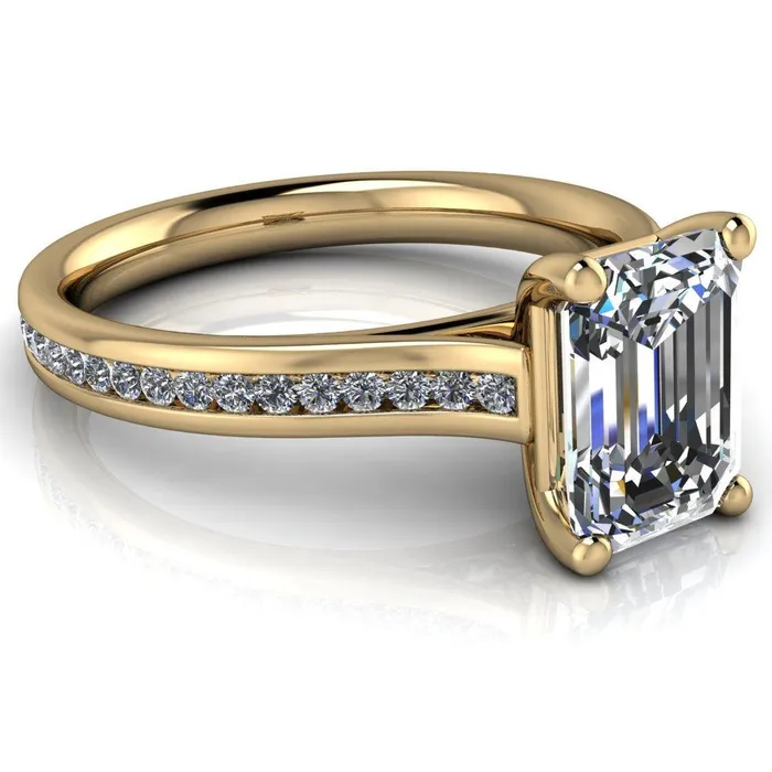 Brigitte Emerald Center Stone Diamond Channel 4 Prong Cathedral Ring Fire Brilliance Rings