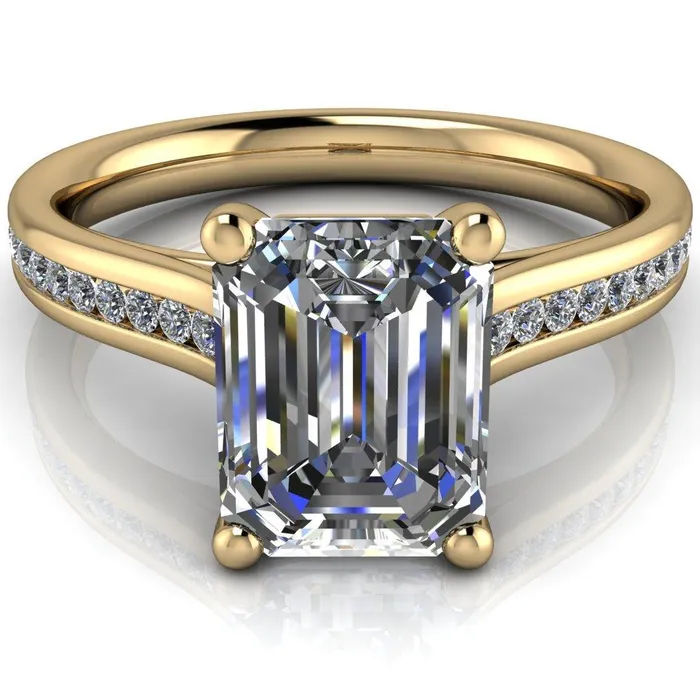 Brigitte Emerald Center Stone Diamond Channel 4 Prong Cathedral Ring Fire Brilliance Rings
