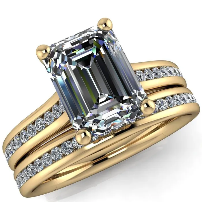 Brigitte Emerald Center Stone Diamond Channel 4 Prong Cathedral Ring Fire Brilliance Rings