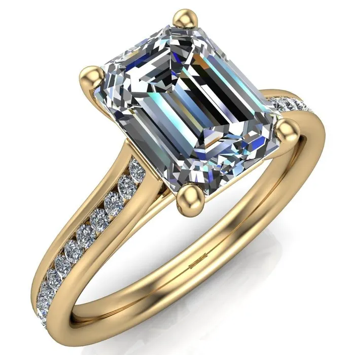 Brigitte Emerald Center Stone Diamond Channel 4 Prong Cathedral Ring Fire Brilliance Rings