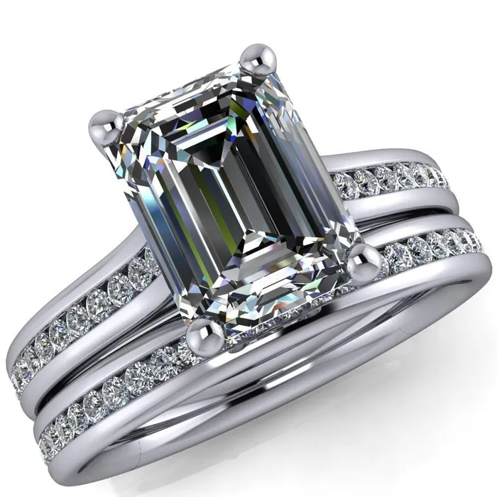 Brigitte Emerald Center Stone Diamond Channel 4 Prong Cathedral Ring Fire Brilliance Rings