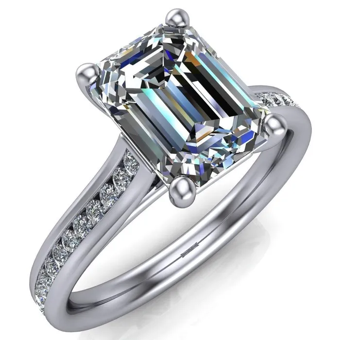 Brigitte Emerald Center Stone Diamond Channel 4 Prong Cathedral Ring Fire Brilliance Rings