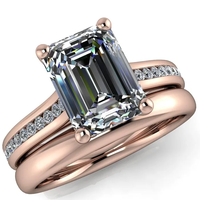 Brigitte Emerald Center Stone Diamond Channel 4 Prong Cathedral Ring Fire Brilliance Rings