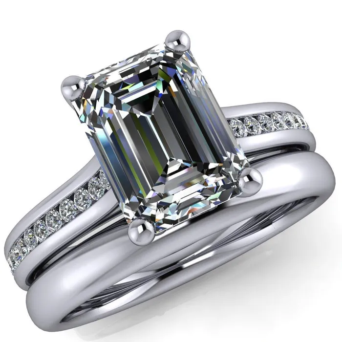 Brigitte Emerald Center Stone Diamond Channel 4 Prong Cathedral Ring Fire Brilliance Rings