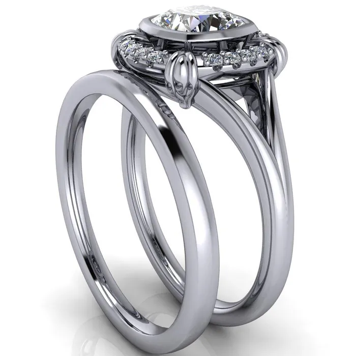 Caldwell Center Stone Moissanite Bezel Set Diamond Halo Split Shank Engagement Ring Fire Brilliance Rings