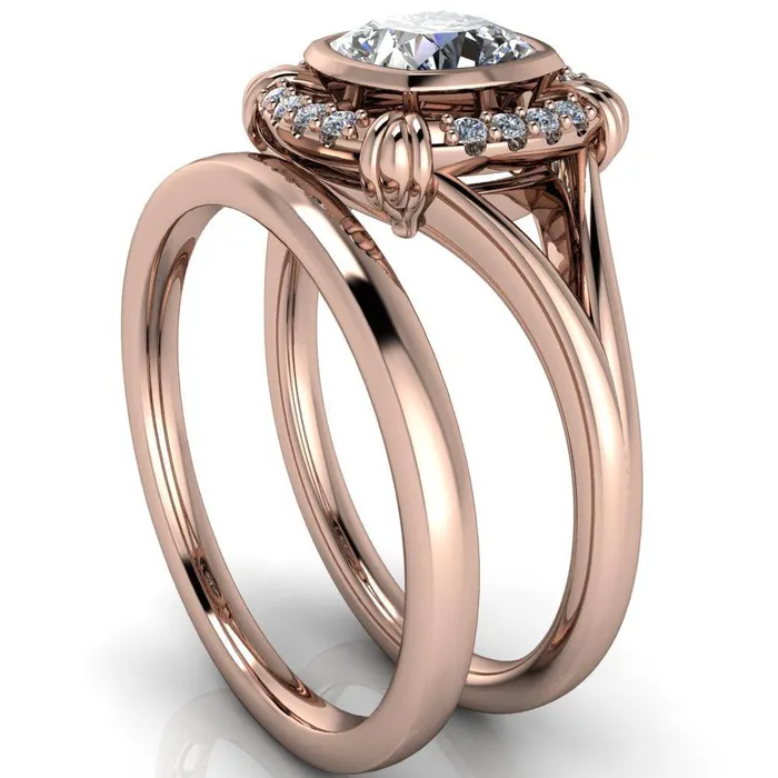 Caldwell Center Stone Moissanite Bezel Set Diamond Halo Split Shank Engagement Ring Fire Brilliance Rings
