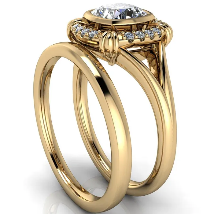 Caldwell Center Stone Moissanite Bezel Set Diamond Halo Split Shank Engagement Ring Fire Brilliance Rings