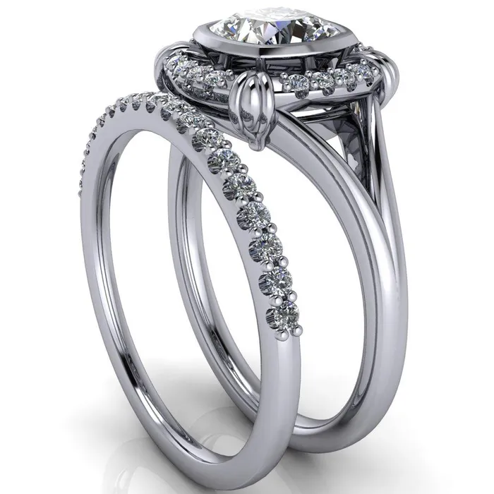 Caldwell Center Stone Moissanite Bezel Set Diamond Halo Split Shank Engagement Ring Fire Brilliance Rings