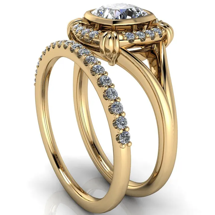 Caldwell Center Stone Moissanite Bezel Set Diamond Halo Split Shank Engagement Ring Fire Brilliance Rings