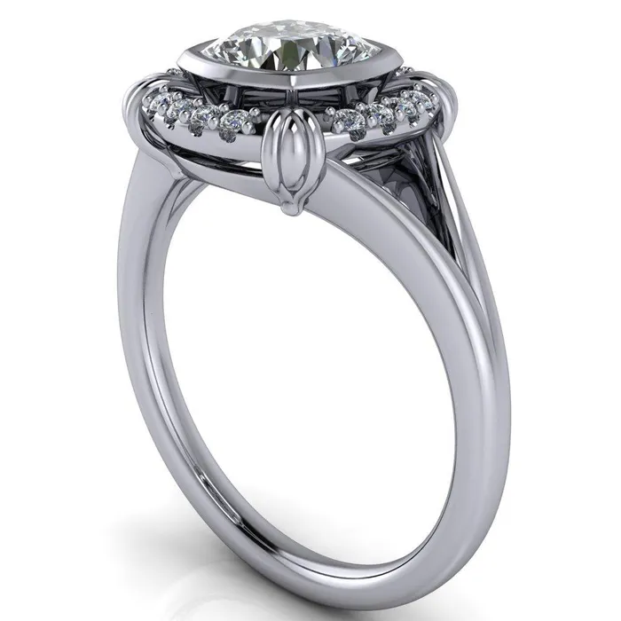 Caldwell Center Stone Moissanite Bezel Set Diamond Halo Split Shank Engagement Ring Fire Brilliance Rings