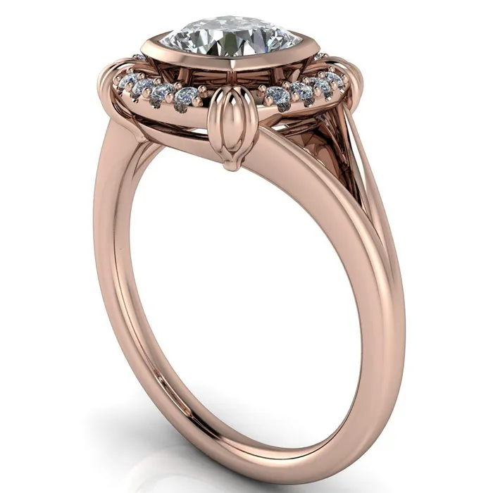 Caldwell Center Stone Moissanite Bezel Set Diamond Halo Split Shank Engagement Ring Fire Brilliance Rings