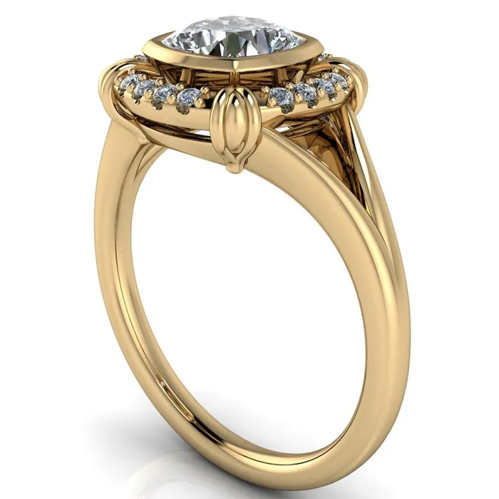 Caldwell Center Stone Moissanite Bezel Set Diamond Halo Split Shank Engagement Ring Fire Brilliance Rings