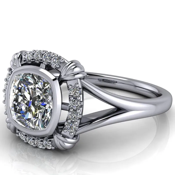 Caldwell Center Stone Moissanite Bezel Set Diamond Halo Split Shank Engagement Ring Fire Brilliance Rings