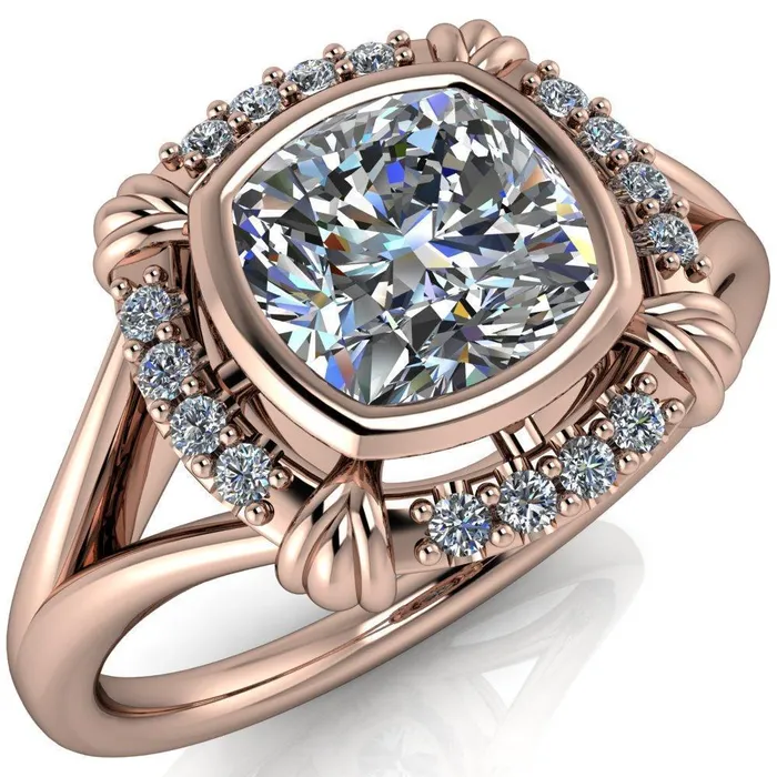 Caldwell Center Stone Moissanite Bezel Set Diamond Halo Split Shank Engagement Ring Fire Brilliance Rings