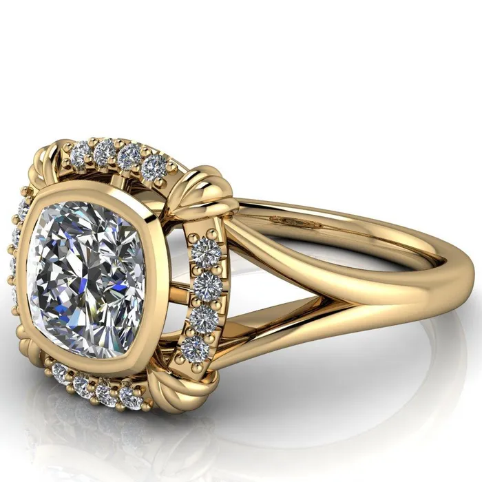 Caldwell Center Stone Moissanite Bezel Set Diamond Halo Split Shank Engagement Ring Fire Brilliance Rings