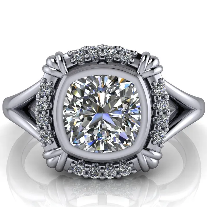 Caldwell Center Stone Moissanite Bezel Set Diamond Halo Split Shank Engagement Ring Fire Brilliance Rings