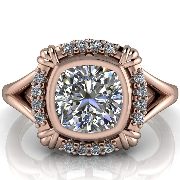 Caldwell Center Stone Moissanite Bezel Set Diamond Halo Split Shank Engagement Ring Fire Brilliance Rings