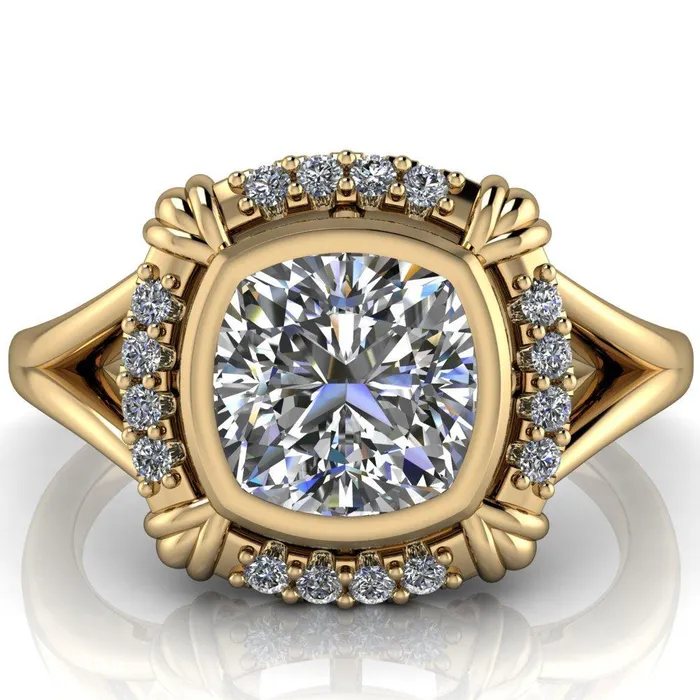 Caldwell Center Stone Moissanite Bezel Set Diamond Halo Split Shank Engagement Ring Fire Brilliance Rings