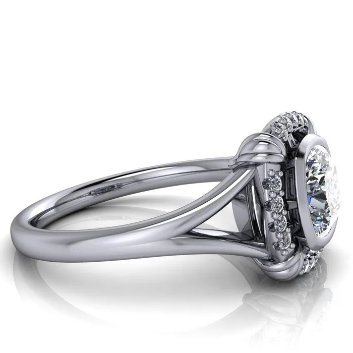 Caldwell Center Stone Moissanite Bezel Set Diamond Halo Split Shank Engagement Ring Fire Brilliance Rings