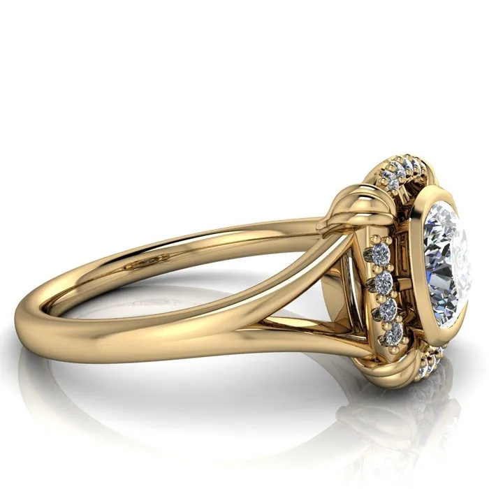 Caldwell Center Stone Moissanite Bezel Set Diamond Halo Split Shank Engagement Ring Fire Brilliance Rings