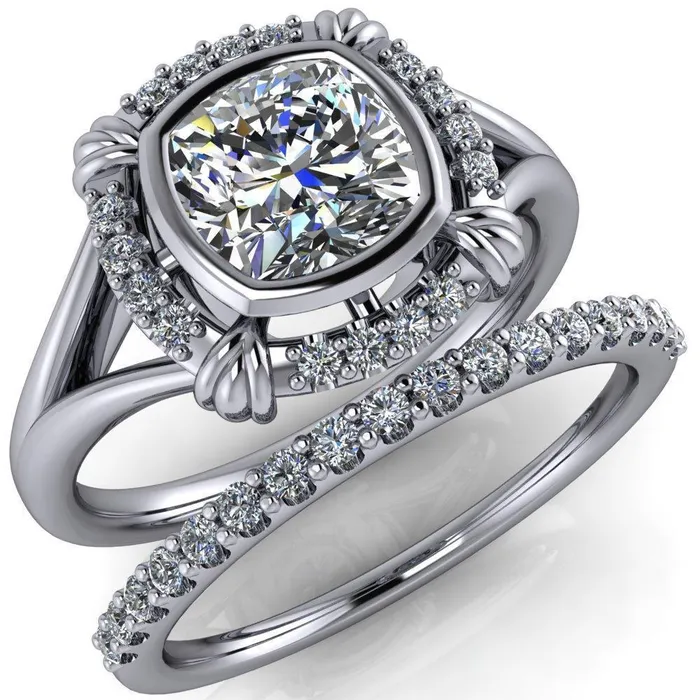 Caldwell Center Stone Moissanite Bezel Set Diamond Halo Split Shank Engagement Ring Fire Brilliance Rings