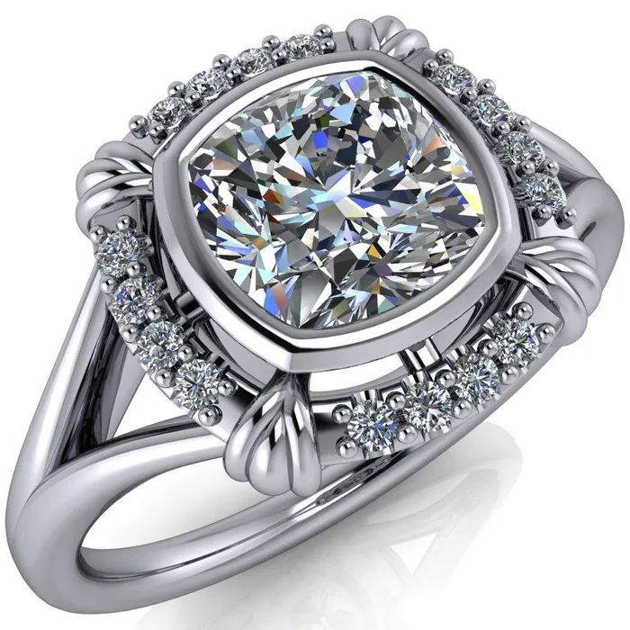 Caldwell Center Stone Moissanite Bezel Set Diamond Halo Split Shank Engagement Ring Fire Brilliance Rings