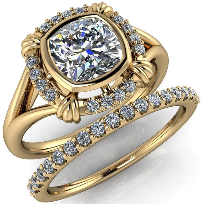 Caldwell Center Stone Moissanite Bezel Set Diamond Halo Split Shank Engagement Ring Fire Brilliance Rings