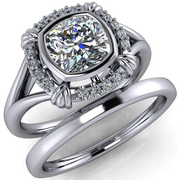 Caldwell Center Stone Moissanite Bezel Set Diamond Halo Split Shank Engagement Ring Fire Brilliance Rings