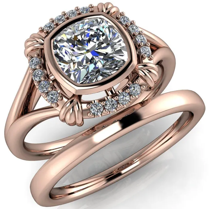 Caldwell Center Stone Moissanite Bezel Set Diamond Halo Split Shank Engagement Ring Fire Brilliance Rings
