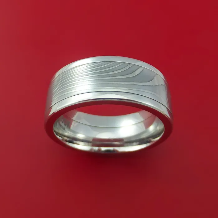 Cobalt Chrome Ring with Flat Twist Damascus Steel Inlay Custom Made Band Lashbrook Rings Cobalt Chrome Ring with Flat Twist Damascus Steel Inlay Custom Made Band Lashbrook Rings